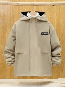 SHEIN Tween Boy Casual Emblems Hooded Thick Lining Woven Winter Parka Coat - Khaki - View 3