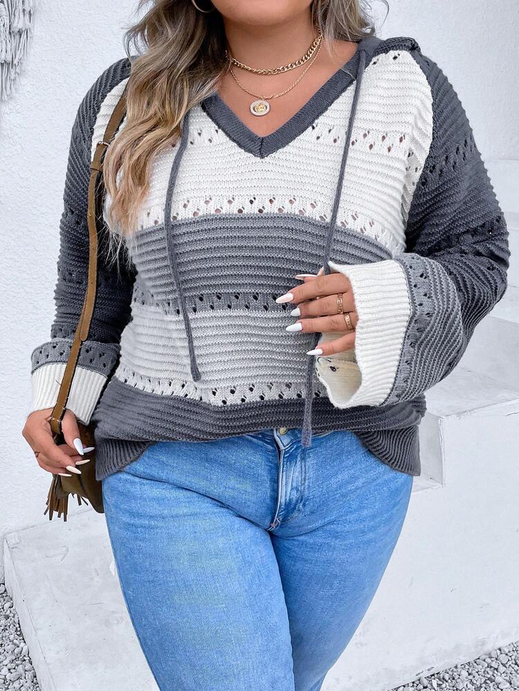 Plus Colorblock Drop Shoulder Drawstring Hooded Sweater Knit Pullover Fall Winter Sweater