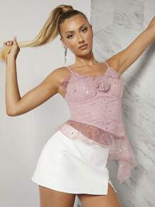 L'Amorae Ruffle 3D Rose Glitter Dot Cami Top - Baby Pink - View 3