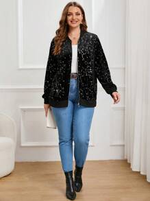 SHEIN Essnce Plus Star Pattern Zip Up Velvet Bomber Jacket - Black - View 5