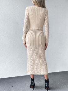 Chiquease Cable Knit Cami Sweater Dress & Cardigan - Apricot - View 2