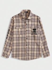 ROMWE MEN Street Life 男士格子與字母圖案翻蓋口袋襯衫