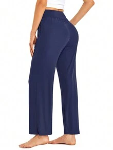 素色斜口袋闊腿褲 - 藏蓝色 - 查看 2