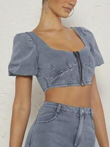 Denimoi Puff Sleeve Zip Up Crop Fashion Denim Top - Grey - View 3