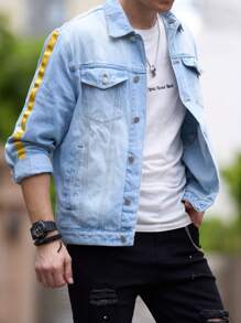 Manfinity Homme Men Flap Pocket Contrast Side Seam Denim Jacket - Light Wash - View 8