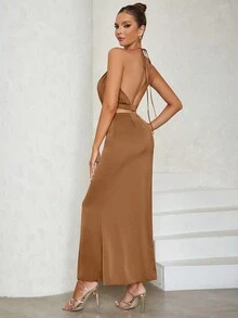 Vestido con abertura delantera de cuello halter de espalda abierta - Marrón - Ver 2