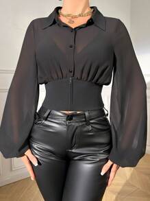 BamGleam Lantern Sleeve Crop Shirt,Long Sleeve Tops Fall Cloth For Women - Black - View 5