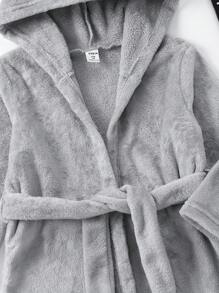 Young Boy Belted 3D Ear Design Hooded Flannel Robe - Grey - View 5