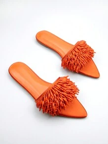 Women's Handmade Bead Embroidery Decorated Orange Canvas Fabric Fashionable Flat Comfortable Sandals For Outdoor