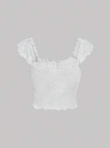 SHEIN MOD Tie Front Frill Trim Ruched Bust Crop Tee - White - View 2