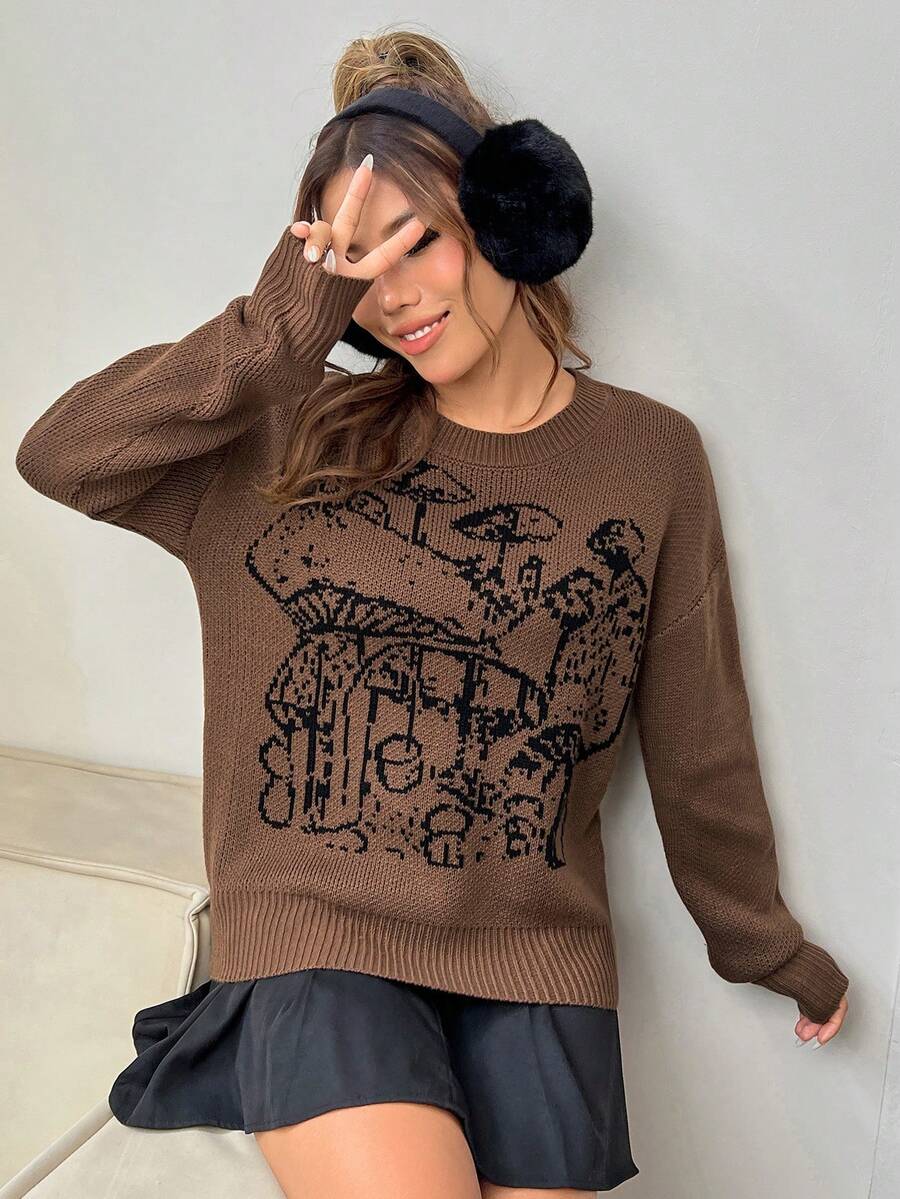 SHEIN EZwear 蘑菇圖案落肩袖套頭毛衣 - 咖啡棕 - 查看 1
