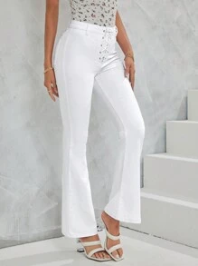 SHEIN LUNE Lace Up Front Flare Leg Jeans - White - View 2