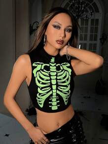 SHEIN ICON Top tank crop reflectante estampado de esqueleto - Negro - Ver 5