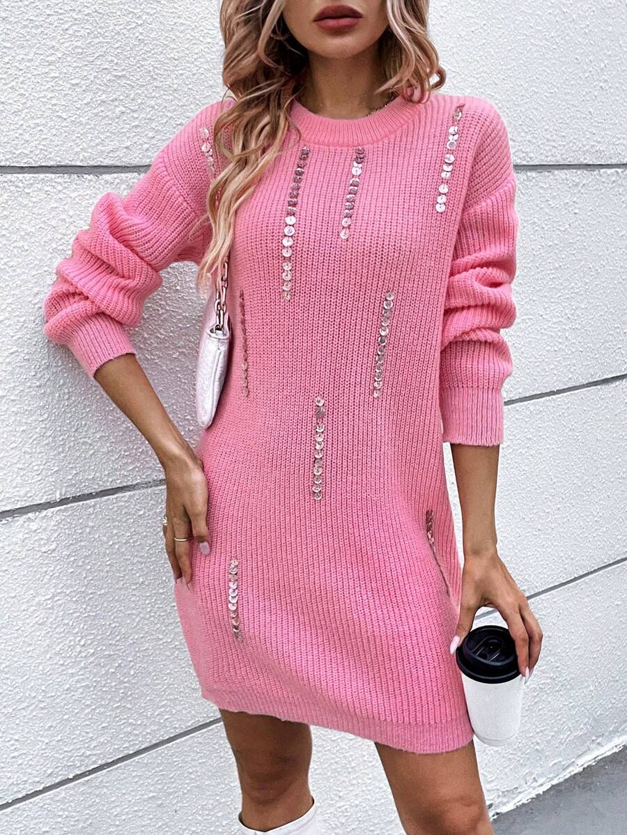 SHEIN Frenchy Rhinestone Detail Drop Shoulder Sweater Dress - Hot Pink - View 1