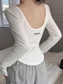 DAZY Letter Graphic Scoop Neck Tee - White - View 1