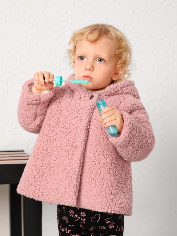 Baby Girl Solid Button Front Hooded Teddy Jacket