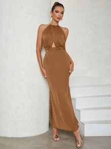 Vestido con abertura delantera de cuello halter de espalda abierta - Marrón - Ver 1