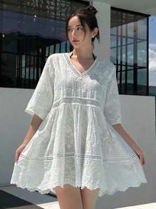 DAZY 刺绣细节罩衫连衣裙，适合夏季海滩度假 - 白色 - 查看 3