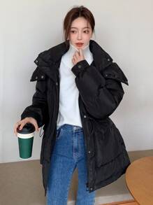 DAZY Letter Graphic Drawstring Waist Hooded Puffer Thick Pockets Coat - Black - View 3