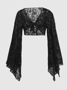 ROMWE Fairycore 加大花卉印花系带喇叭袖短款上衣，适合冬季 - 黑色 - 查看 2