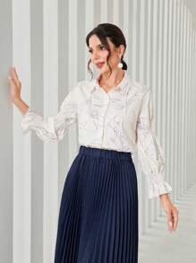 Mulvari Floral Print Flounce Sleeve Shirt - Purple - View 1