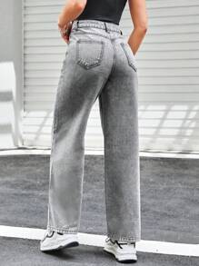 SHEIN PETITE Slant Pocket Straight Leg Jeans - Grey - View 2