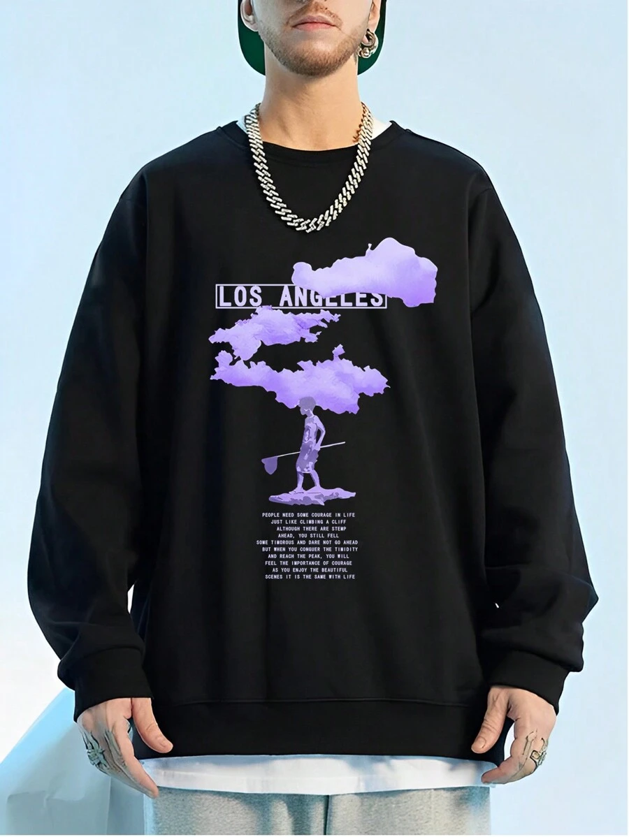 Hombres Sudadera con estampado de slogan - Negro - Ver 1