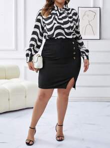 SHEIN Clasi 大碼滿版印花繫帶領襯衫&開衩短裙 - 黑與白 - 查看 4