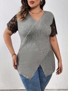 SHEIN LUNE Plus Contrast Lace Wrap Hem Sweater Knit Pullover Fall Winter Sweater - Grey - View 8
