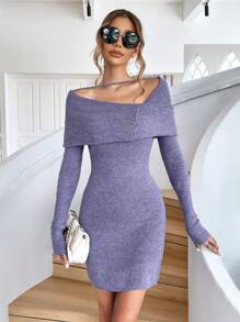SHEIN Privé Foldover Off Shoulder Bodycon Sweater Dress - Purple - View 2