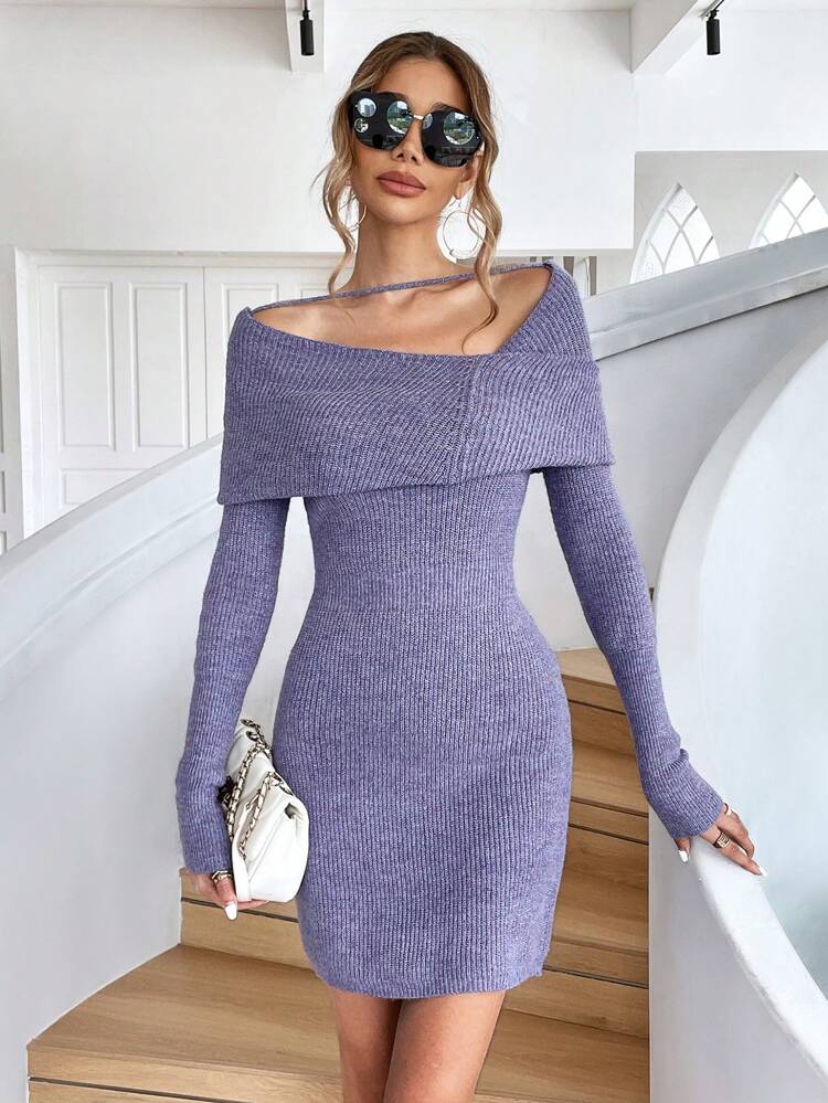 Foldover Off Shoulder Bodycon Sweater Dress