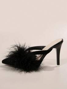 Ciabatte con tacco alto e soffici piume per donna, con punta affusolata e tacco a stiletto, sandali con punta chiusa in stile europeo - nero - Visualizzare 3