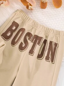 SHEIN Cô gái Tween In Sao áo có mũ Áo khoác & Đồ họa Chữ cái Quần - Màu Khaki - Xem 6