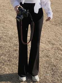 女式纯色抽绳高腰喇叭裤 - 黑色 - 查看 5