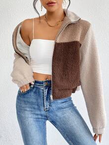 SHEIN Essnce Khối màu Dây kéo Áo Teddy Jackets - Nhiều màu - Xem 5
