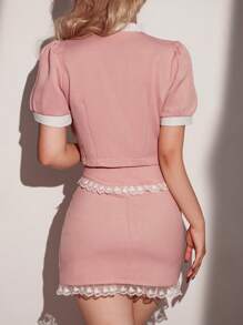 SHEIN Unity Ren tương phản Nơ mặt trước Ống tay áo Top Cây trồng & Váy bodycon - Hồng - Xem 2