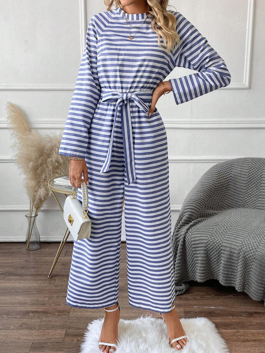 SHEIN LUNE 條紋印花插肩袖腰帶闊腿連體褲 - 藍白色 - 查看 1