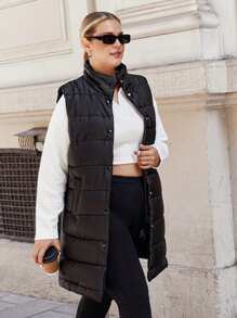 RueChic Plus Zip Up Puffer Vest Coat - Black - View 5