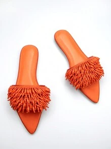 Women's Handmade Bead Embroidery Decorated Orange Canvas Fabric Fashionable Flat Comfortable Sandals For Outdoor