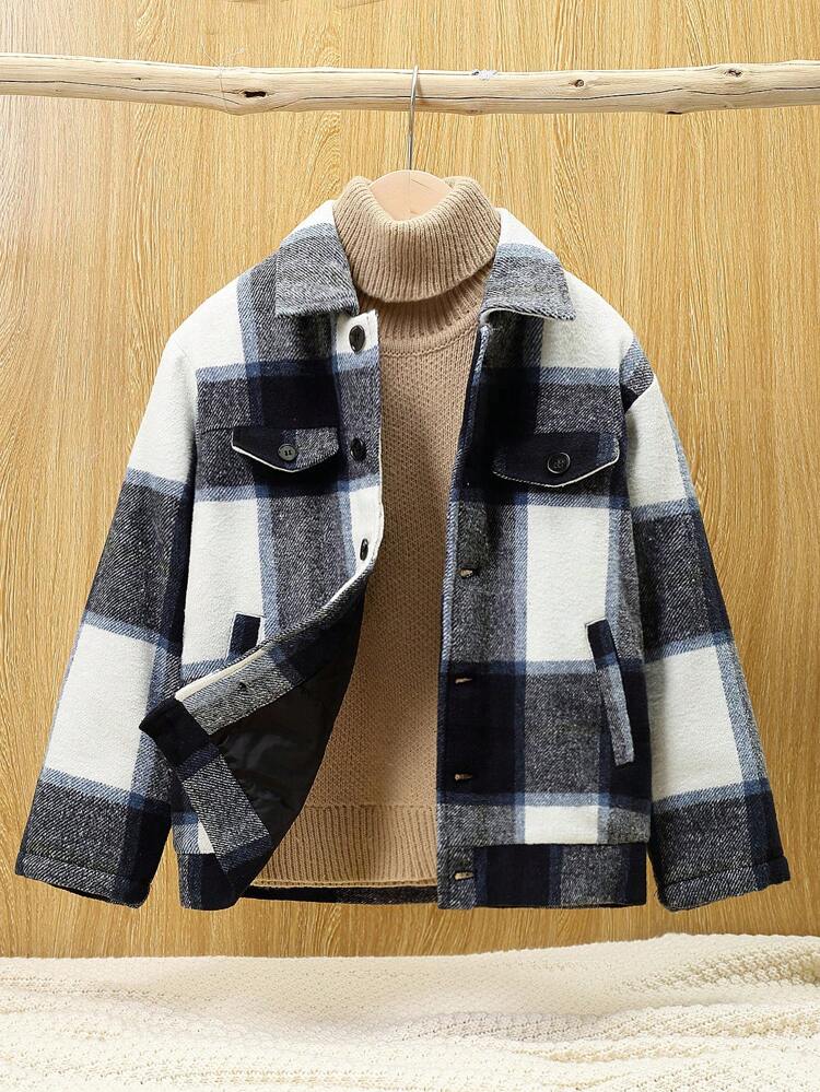 Tween Boy Plaid Print Flap Detail Padded Coat Without Sweater