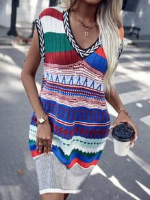 SHEIN Clasi Geo Pattern Batwing Sleeve Sweater Dress - Multicolor - View 7