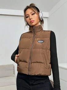 SHEIN EZwear 1 件字母贴花拉链背心加厚外套 - 咖啡棕 - 查看 1