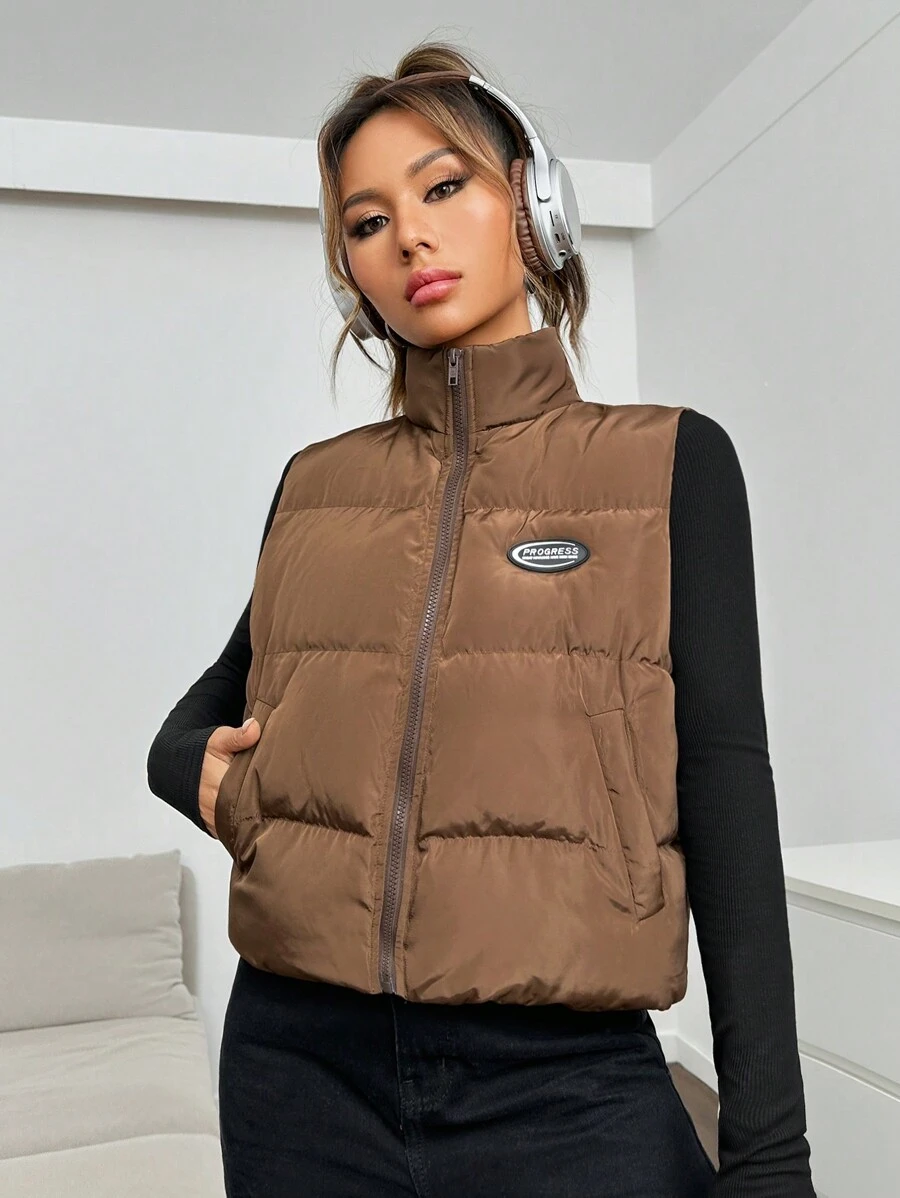 SHEIN EZwear 1 件字母贴花拉链背心加厚外套 - 咖啡棕 - 查看 1