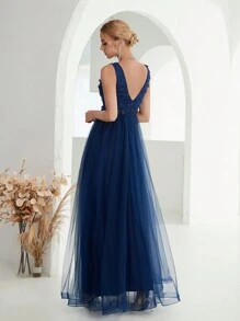 Contrast Sequin Mesh Bridesmaid Dress - Royal Blue - View 2
