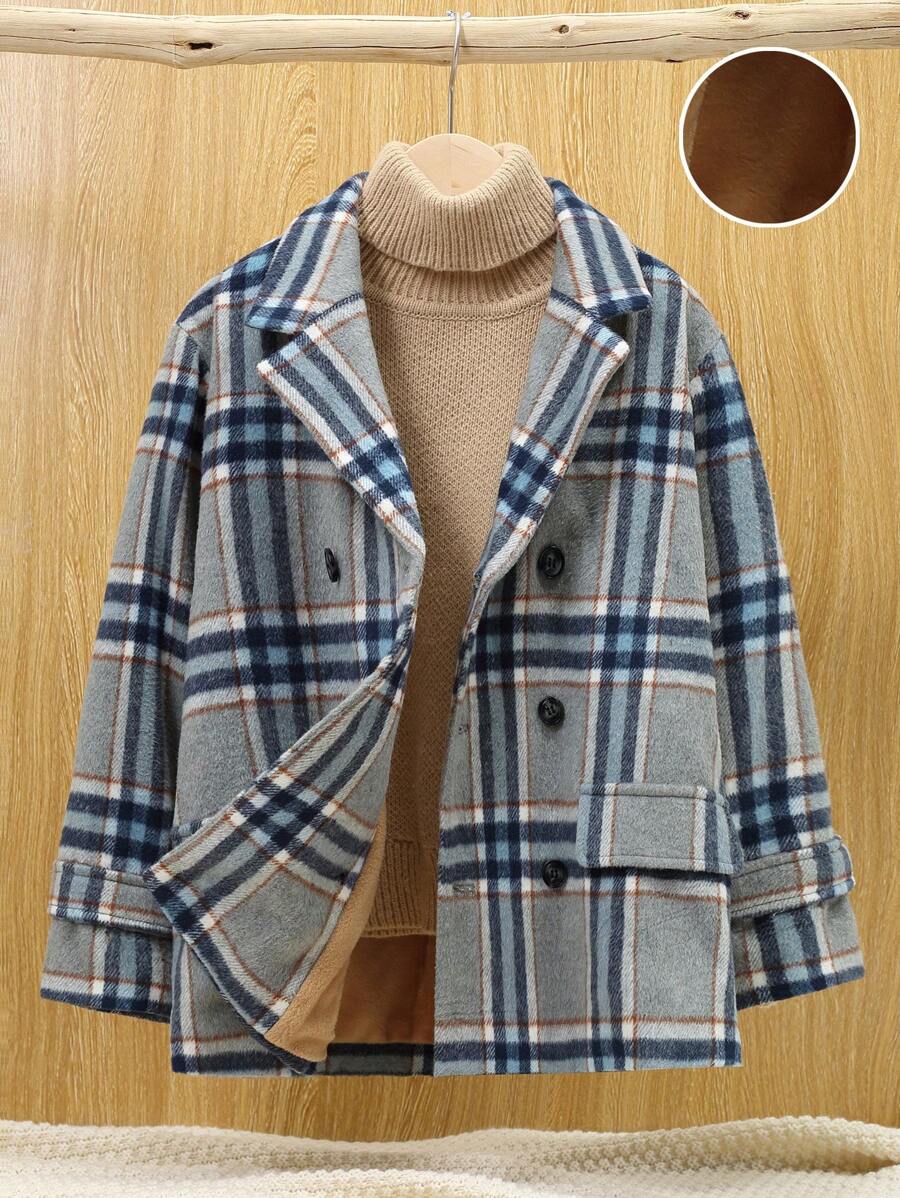 SHEIN 男大童格紋雙排釦翻蓋細節毛絨內襯花呢外套無毛衣