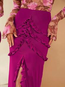 SHEIN BAE Frill Trim Split Thigh Ruffle Hem Skirt - Red Violet - View 6