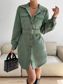 Siren Gaze Holiday Dress Plaid Mini Christmas Women Dress Women's Casual Plaid Front Button Short Dress, Autumn/Winter Green - Green - View 5