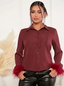 SHEIN SXY قميص زغبي كفة أزرار أمامية - الأحمر - مشاهدة 3