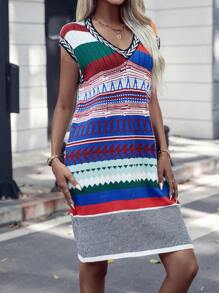 SHEIN Clasi Geo Pattern Batwing Sleeve Sweater Dress - Multicolor - View 6