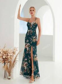 Floral Print Split Thigh Cami Bridesmaid Dress